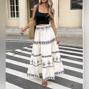 Boho Print Shirred waist Maxi Skirt White